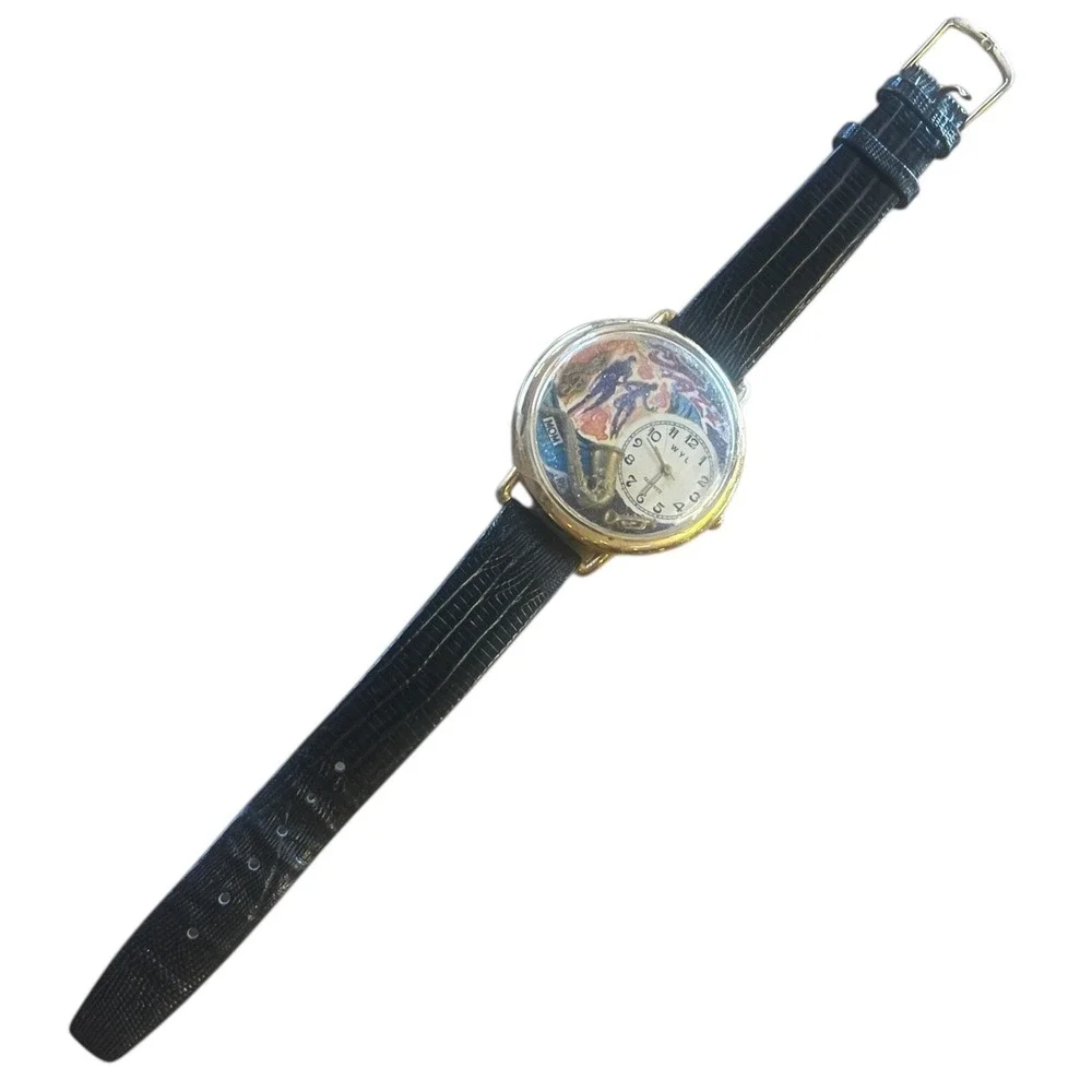 WYL Quartz Jazz Theme Watch Gold Tone Miniature Saxophone Leather Untested
